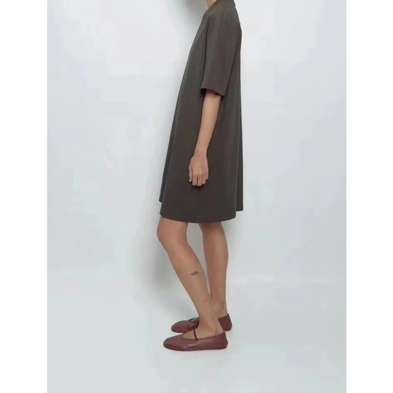 25 ปีฤดูร้อนสไตล์มินิมอลอเนกประสงค์กระชับสัดส่วนคอกลมหลวมความยาวกลางผ้าฝ้ายแขนสั้นชุดเสื้อยืด