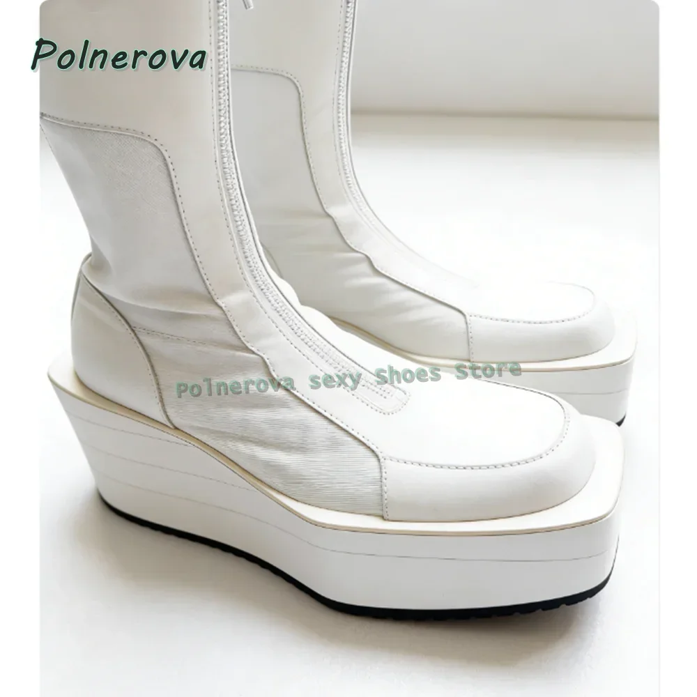 Square Toe White Platform Punk Boots Women Knee High Boots 2026 Zipper Decoration Height Increase Patchwork New Arrivals Trend