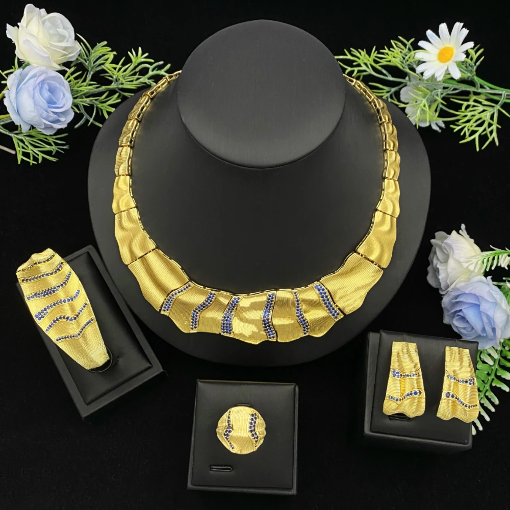 JRH Zircon Gold Plated Copper Jewelry Set Shiny Party Banquet Accessories with Necklace Earrings Ring Bracelet