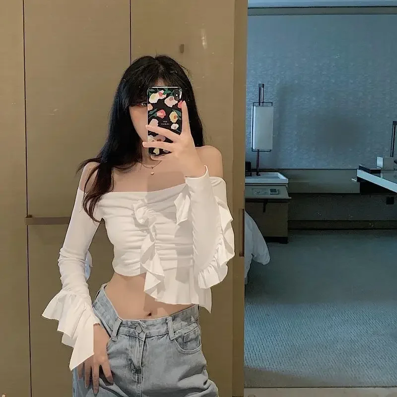 Korean Sexy Off Shoulder High Waist Irregular Ruffles Crop Tops Tshirts Women Long Sleeve Camisetas Slim Short White Y2k Tees