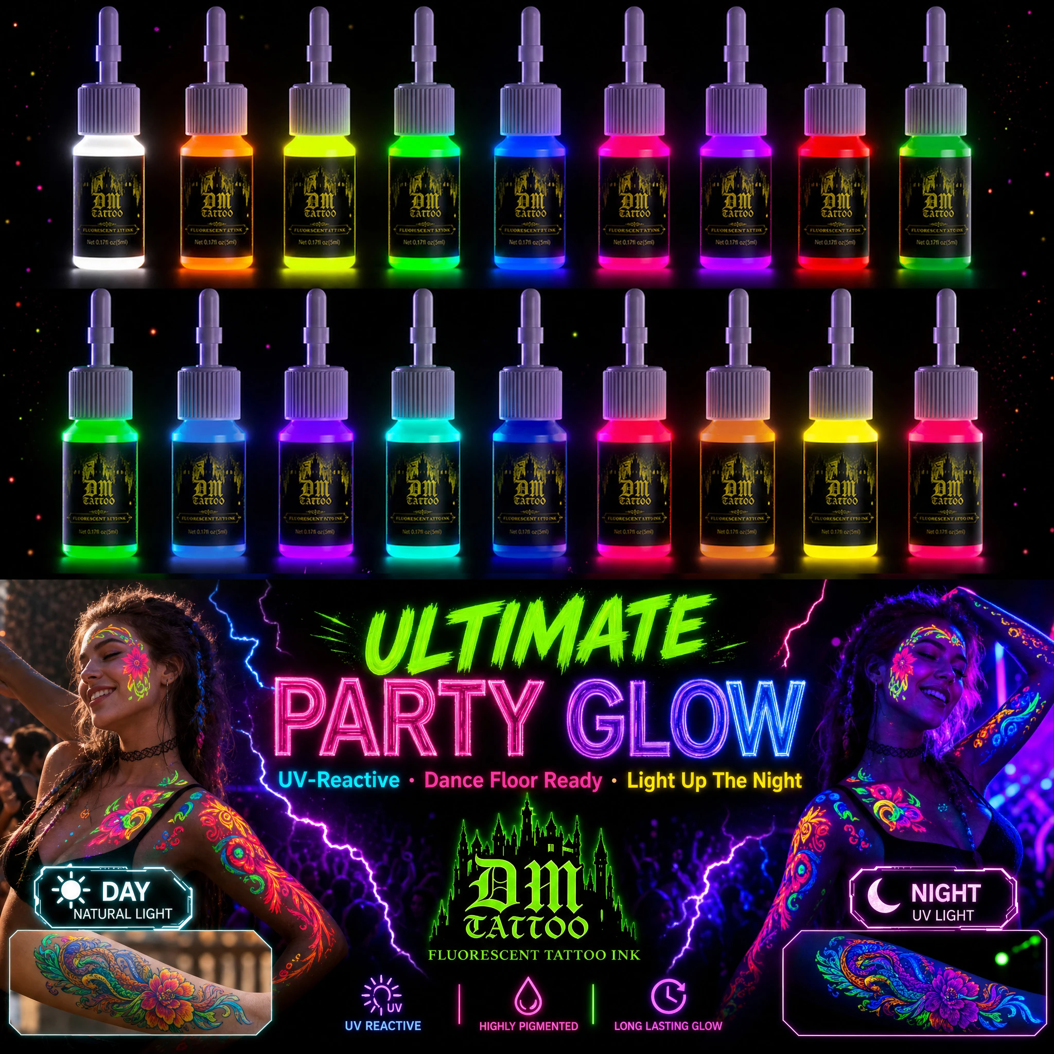 

DM 5ml 18Colors Fluorescent Tattoo Ink Kit Professional Beauty Paints Natural Plant Extract Pigment Body Painting Tattoo Ink