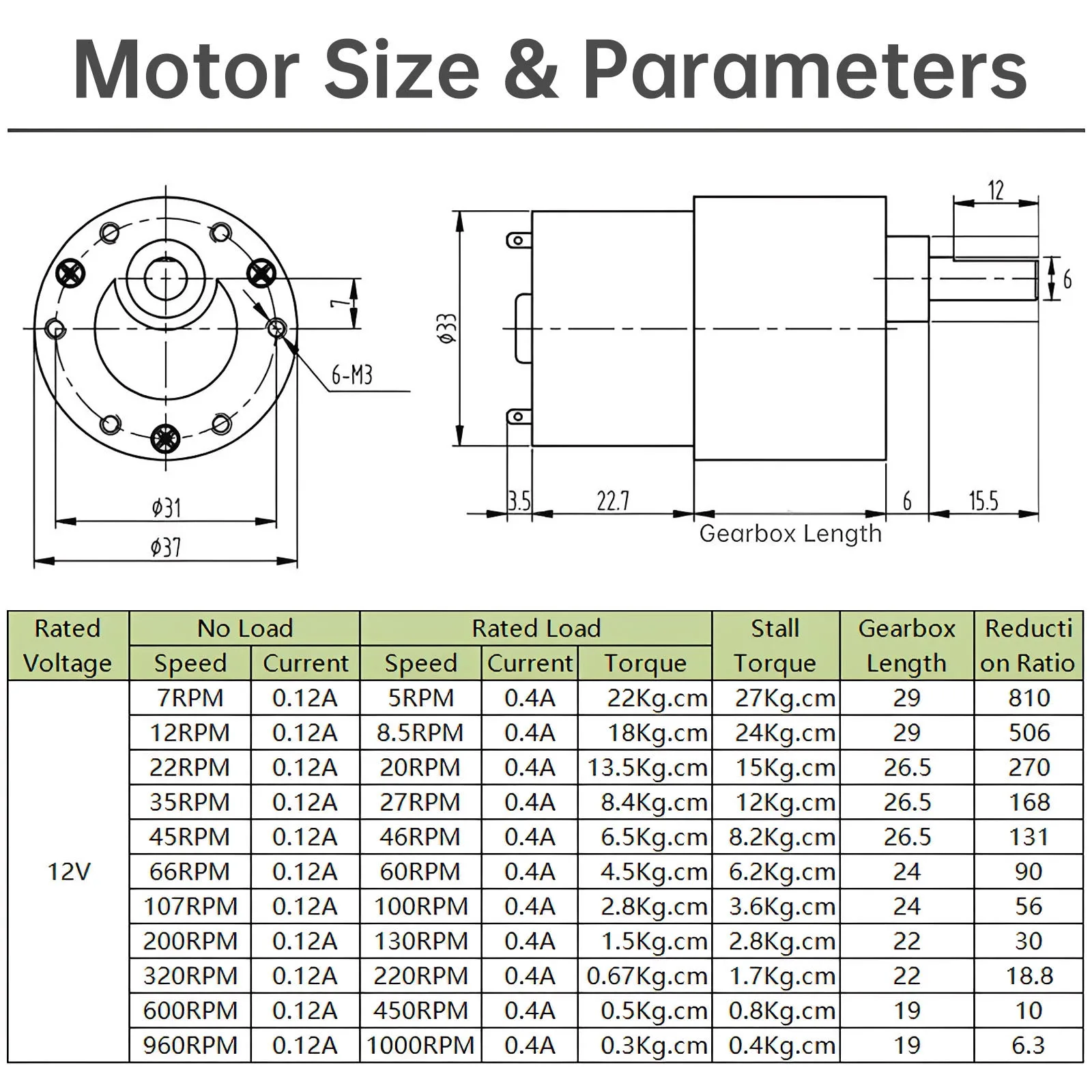 Micro Geared Motor 12V 7-960RPM High Torque DC Motor Mini Reducer Motor for RC Car / Robot Model with Brackets