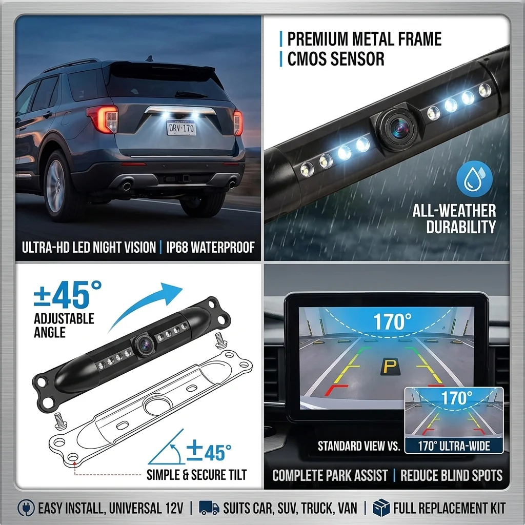 License Plate Backup Camera 170° Wide Angle 8 LED Night Vision HD Rear View Camera IP68 Waterproof Universal Car Reversing Camera Frame Mount USA Stand