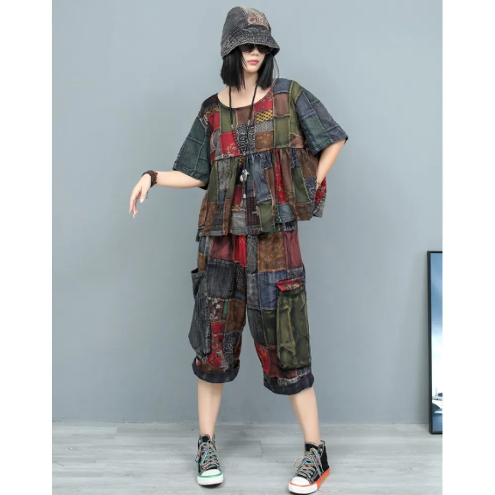 

Heavy Industry Splicing Contrast Color Worn Short Sleeve Doll Shirt + Capris Two Piece Set Women 2024 Summer ZF064