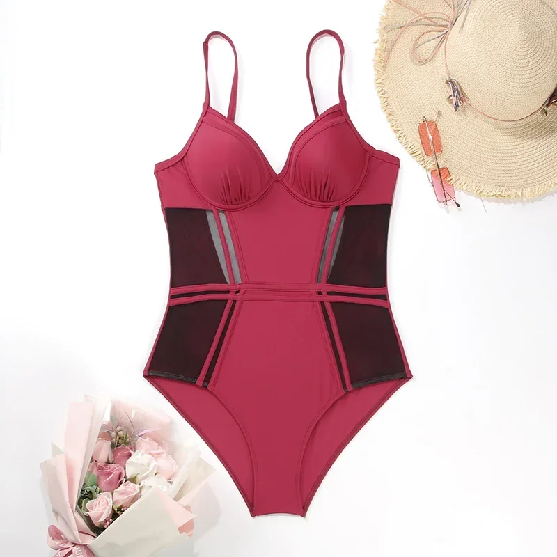 Sexy Swimsuits Patchwork Swimwear Mesh One Piece Suit String Beachwear Red Color Bodysuit