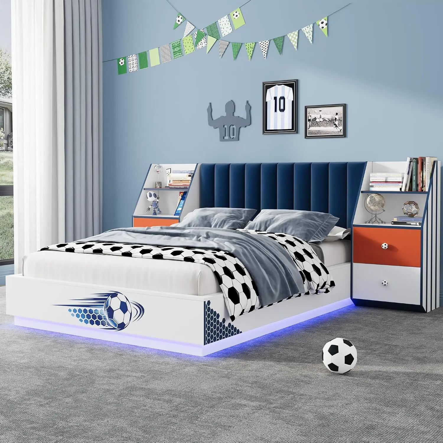 Full Size Floating Bed With Velvet Headboard, LED Lights, 2 Nightstands, Wood Slat, No Box Spring, White/Blue, Customized view 3