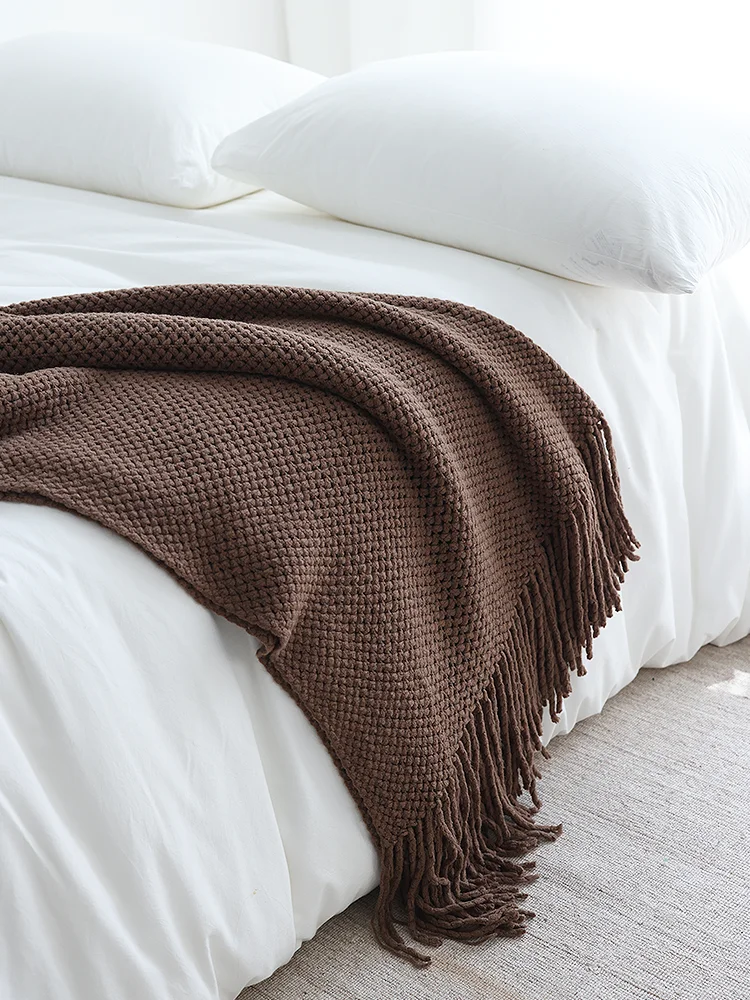 American Style Deep Turmeric Knitted Blanket Sample Room Homestay Towel Pure Color Yarn Blanket New Hollow Weave Knit Blanket