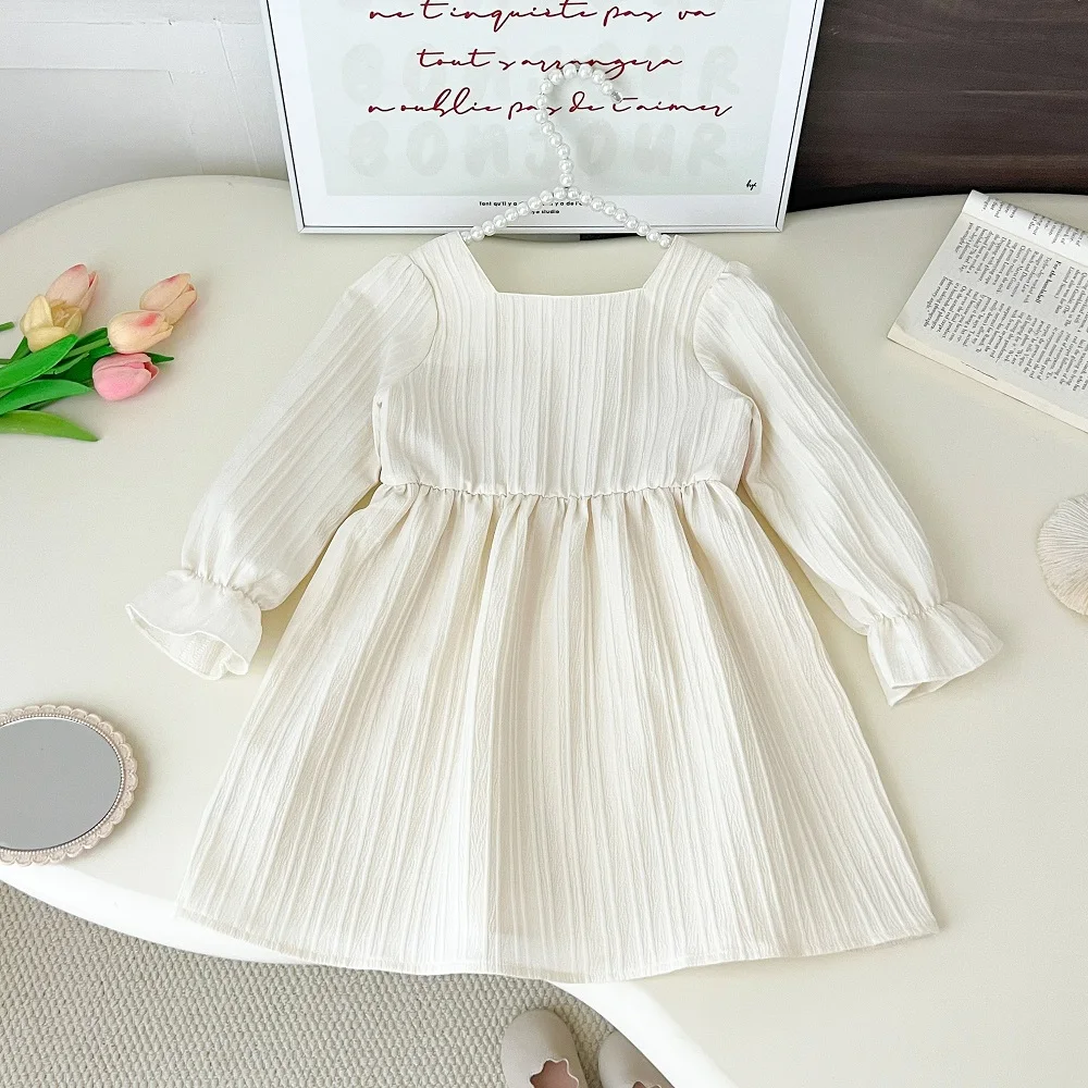 Kinderkleider für Mädchen, besticktes, langärmliges Freizeitkleid mit quadratischem Kragen, Kinderkleidung – Detail 3