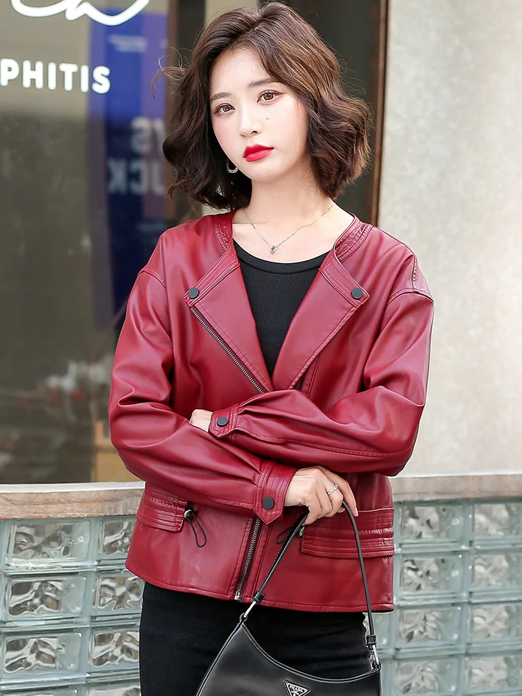 Women Biker Leather New Jacket Spring Autumn 2023 Fashion Design O-Neck Solid Color Zipper All-match Loose Short Sheepskin Coat