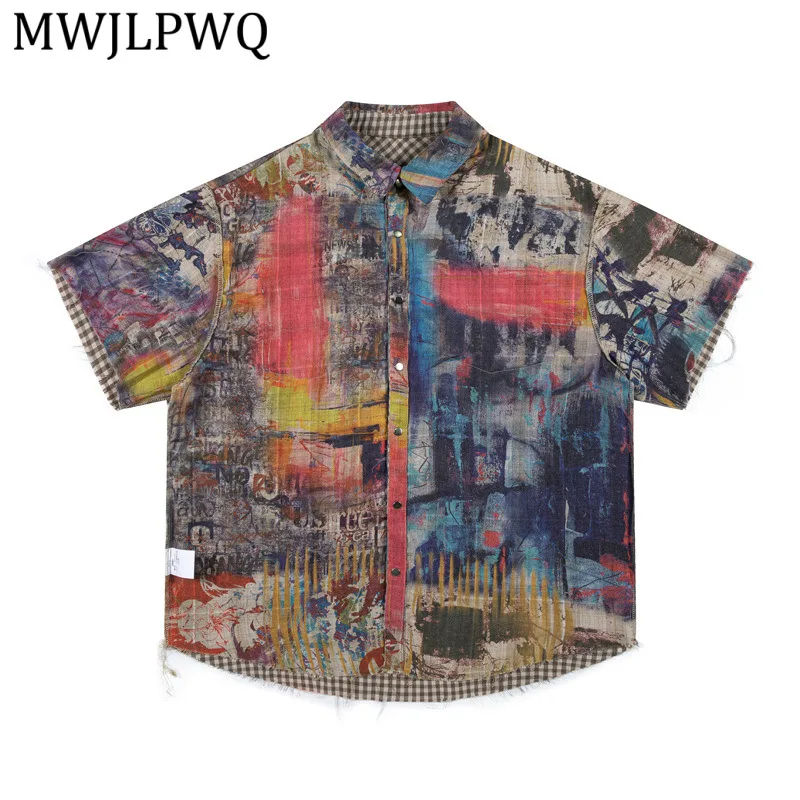 

MWJLPWQ Summer American Patchwork Plaid Shirt Men Double-Sided Graffiti Short Sleeve Hip-Hop Street Style Ripped Hem Tops 15786