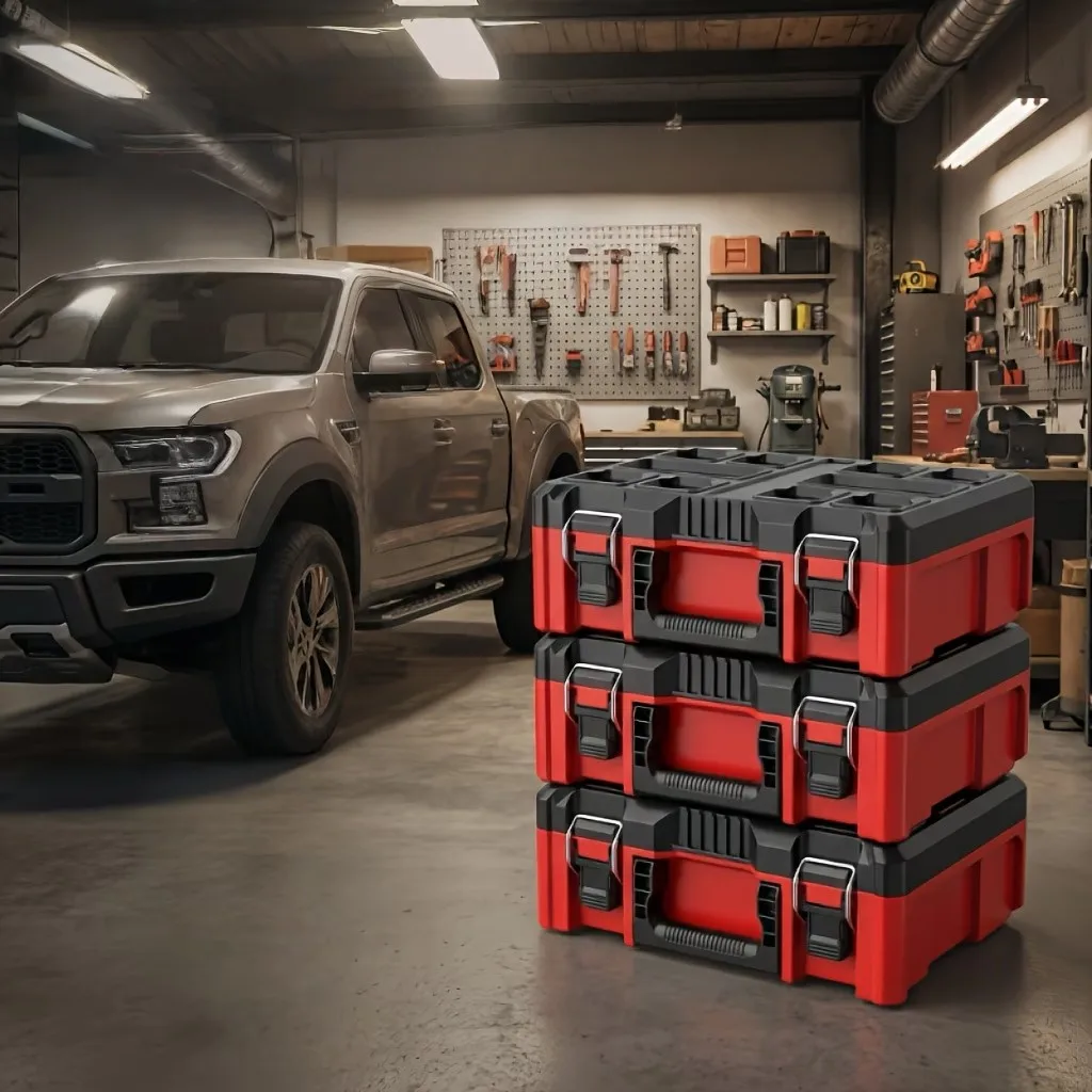 Thickened Pp Material Large-Capacity Heavy-Duty Tool Box, Stackable Storage Box, Portable Tool Organizer with Side Handles, Non-Slip Handles + Latch Lock, Suitable for Home Repairs, Garage, Workshop, and Home DIY |   Home Improvement Hardware Tool Storage Solution |   Hard Materials Are Wear-Resistant and Durable. | First Father's Day Gift