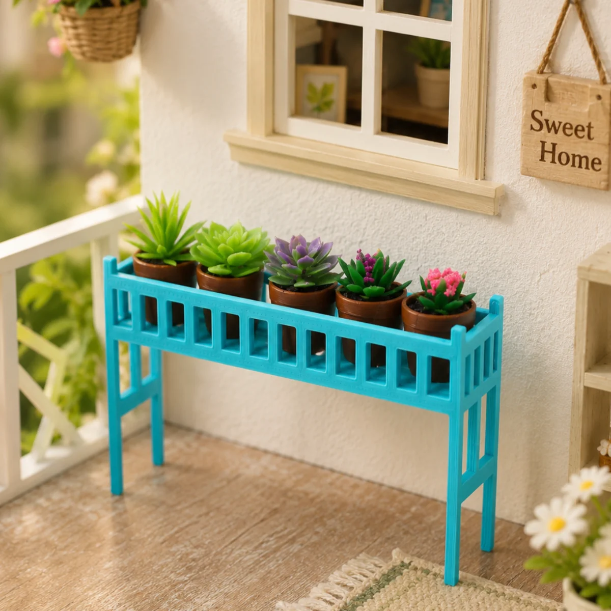 Dollhouse Furniture 1:12 Scale 3D Printed Plant Stand, Includes 5 Random Flower Pots, Pla Material (Non-Wood), Flower Pot Display Stand, Available in Two Colors, Suitable for Garden, Balcony, and Other Scene Decoration
