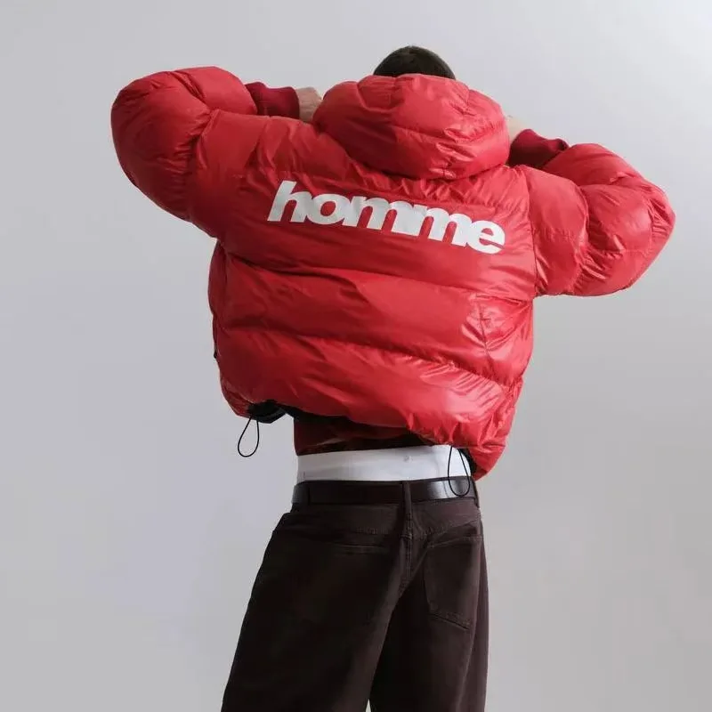Men Shiny Puffer Jacket Back Homme Letter Print Hooded Down Coat Oversized Warm Winter Couple Bubble Coat Black White Unisex New view 6