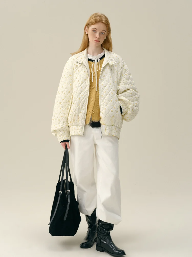 

Rina Berry Vintage Floral Print Stand Collar Slim Fit Casual Cotton Jacket Soft Winter Outerwear Long Sleeve Commute Style