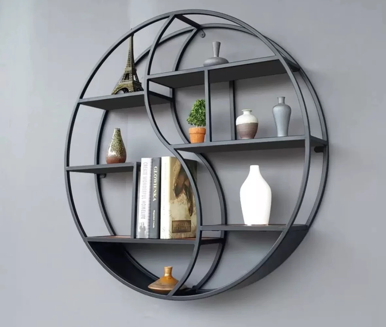 

European-style living room wall hanging wrought iron shelf retro creative solid wood bookshelf partition wall decorative circula