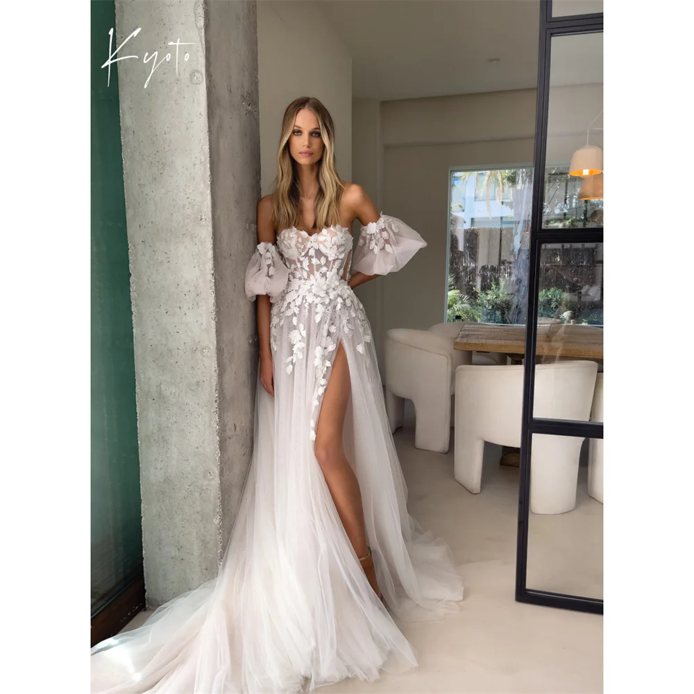 

Kyoto Customized Waist Cut-Out Floral Lantern Sleeves Wedding Dress Plunge Neck A-line Lace فستان زفاف Long Train Abito da sposa