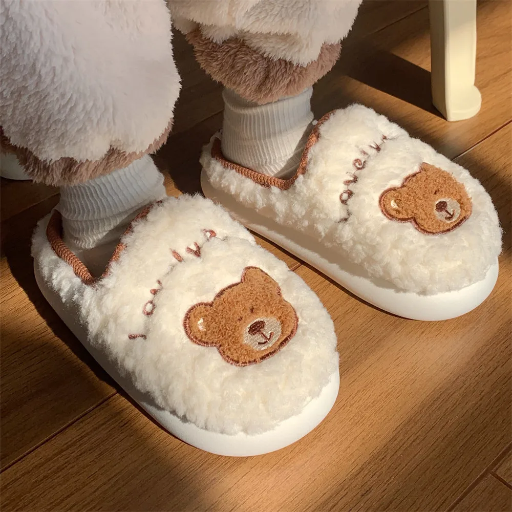 Female winter girl heart home non-slip soft-soled floor shoes cute plush bear warm bag head cotton slippers