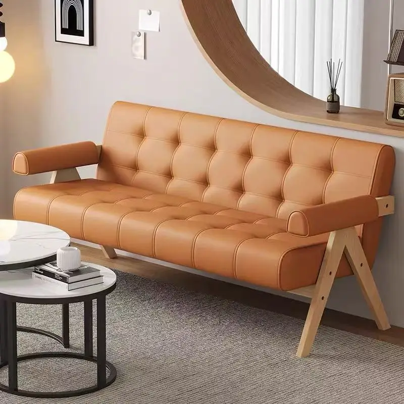 Log Beige Style Small Apartment Waiting Sofa Chair Shop Living Room Three Double Lounge Reception Small Sofa