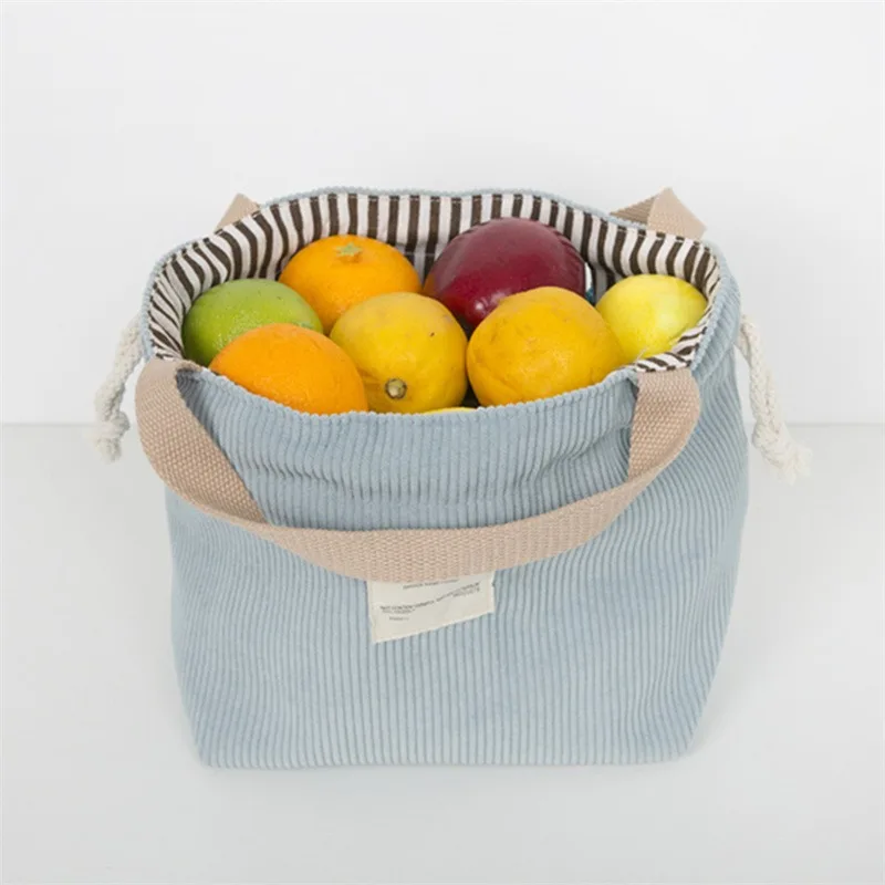 New Lunch Bag uomo donna velluto a coste Canvas Lunch Box coulisse Carry Picnic Tote piccola borsa Dinner Container borse per la conservazione degli