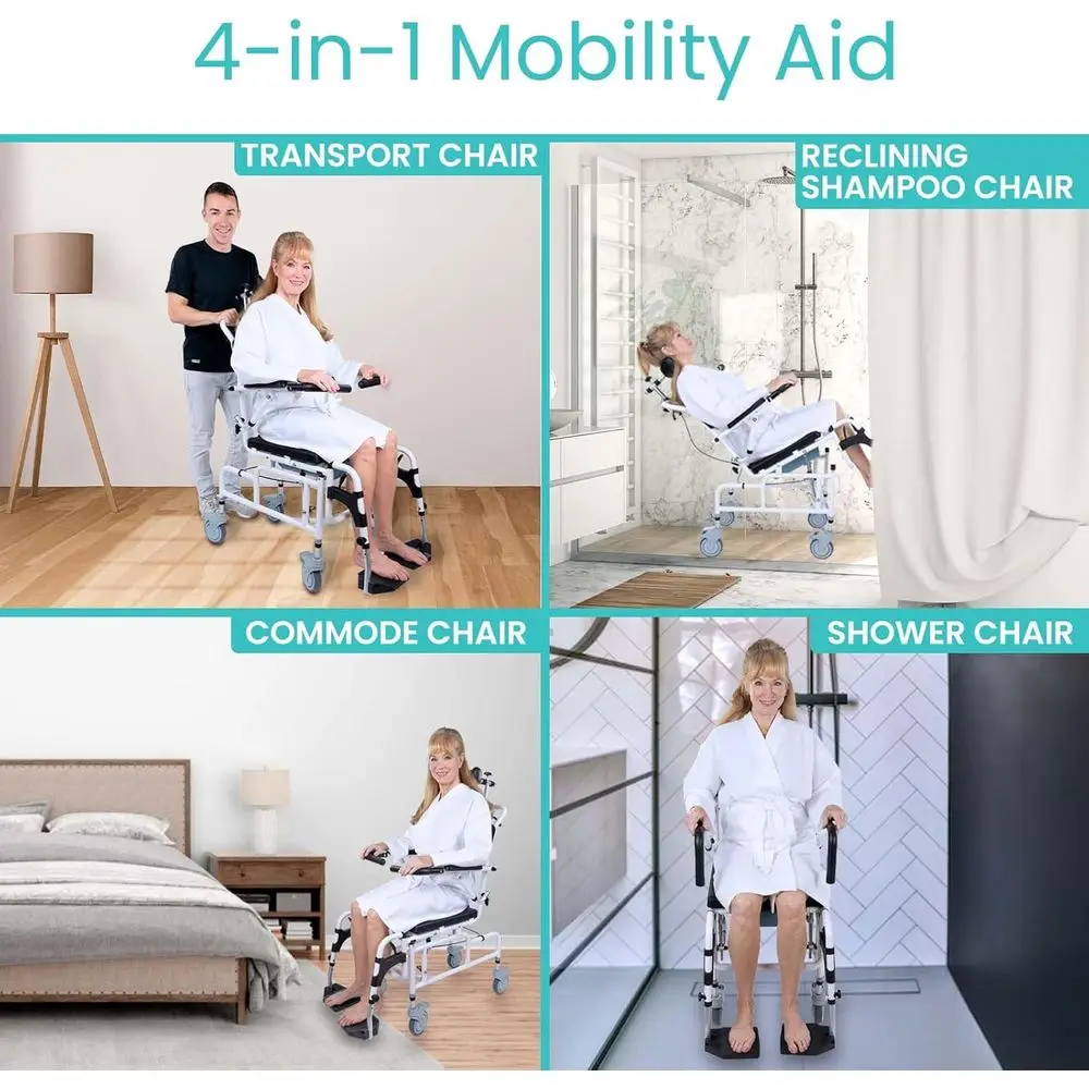 Portable Reclining Shower Chair with Wheels and Padded Seat for Seniors, Disabled - Waterproof and Easy Hair Washing
