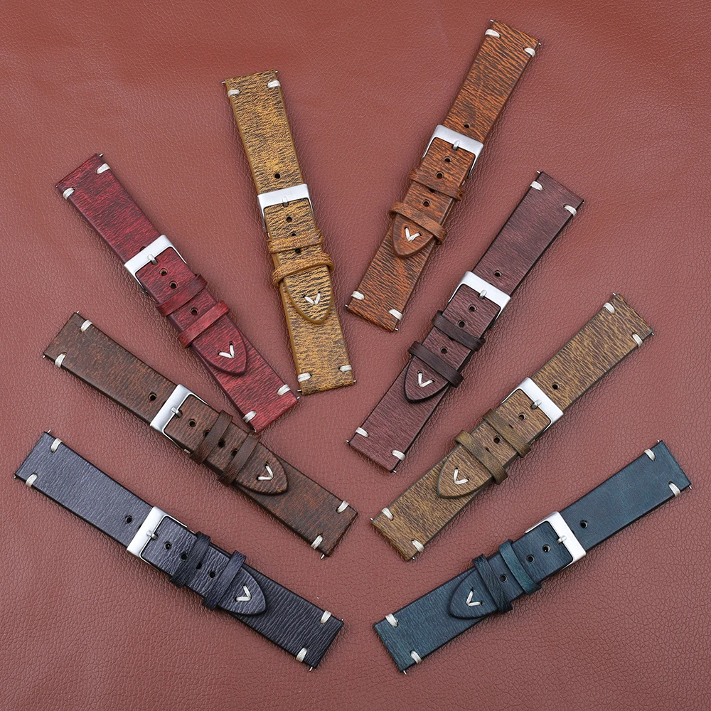 18 20 22 24mm Genuine Leather Watchband Handmade Vintage Stitching Design Wrist Wristband Calfskin Strap Metal Buckle 8 Colors