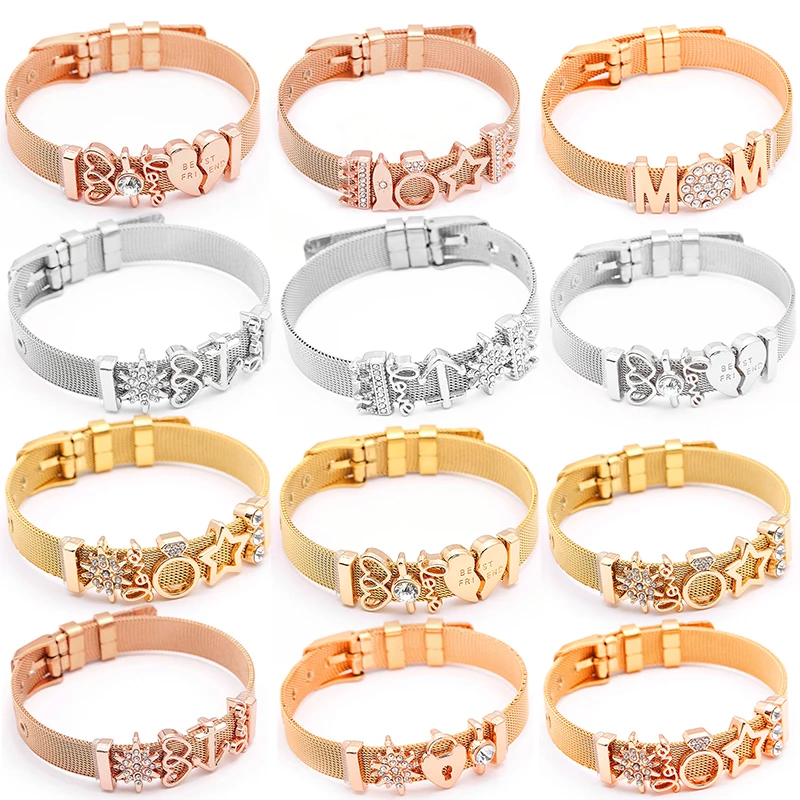 BAOPON Friend MOM Love Slide Charm Bracelets Stainless Steel Gold Mesh Bracelets Bangles For Women Friend Fashion Gift