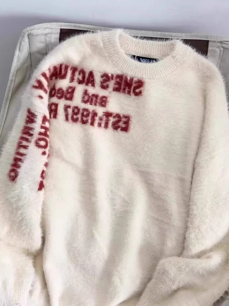 الأمريكية Sle محبوك المنك طوق جولة Ne سترة الرجال الخريف العصرية العلامة التجارية الإبداعية المطرزة رسالة فضفاضة زوجين متماسكة... #1