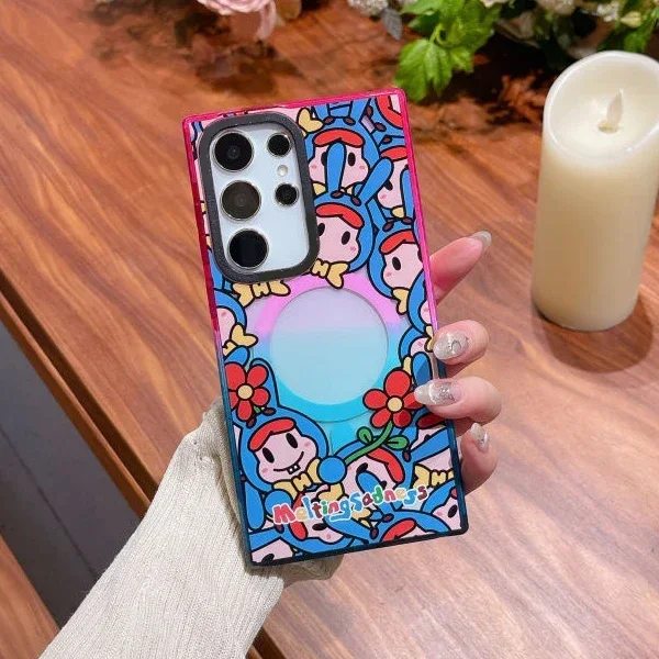 Rabbit Carrot Cat Colorful Border Magnetic Acrylic Case for Samsung Galaxy S22 S23 S24 Ultra S24+ Plus Protective Shell