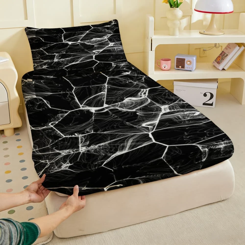 1pc white Marble Neon Cracked Black Fitted Sheet Deep Pocket Elastic Mattress Cover Single Double Queen King Bedroom Decor
