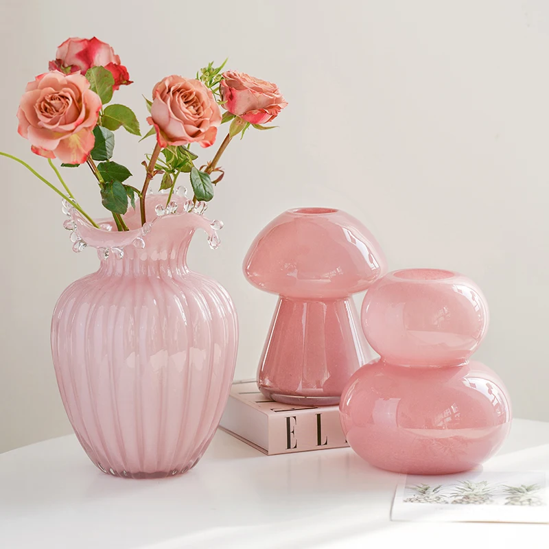 French Medieval High-grade Pink Spray Vase Luxury Ornaments Glass Flower Arrangement Water Flowers Table Niche Flower Device