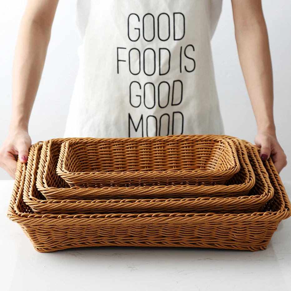 Basedidea Rectangle Bread Basket Rattan Storage Basket Food Fruit Vegetable Serving Basket Supermarket Restaurant Display Tray