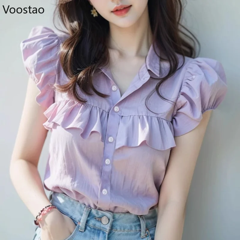 Summer New Women Casual Blouse Elegant Button Solid Color Spliced Ruffles Short Sleeve Korean Fashion Loose All-match Shirt Tops