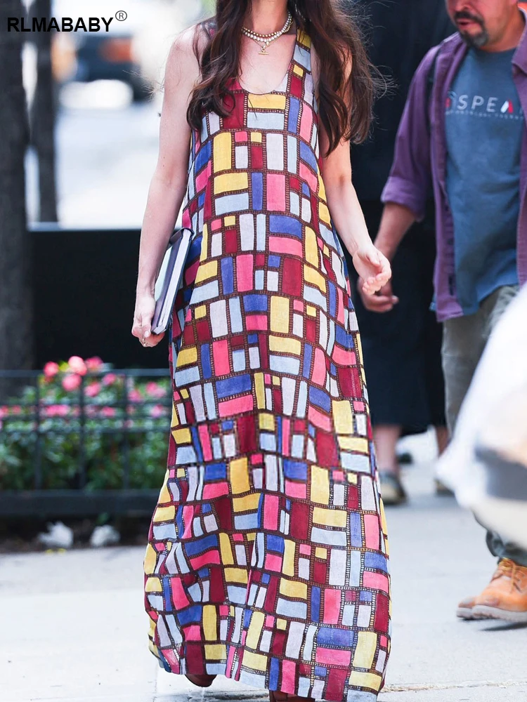 RLMABABY موضة ملونة منقوشة طباعة فستان طويل فضفاض المرأة منخفضة الرقبة بلا أكمام عارية الذراعين الشارع الشهير فستان ماكسي بوهيمي غير رسمي