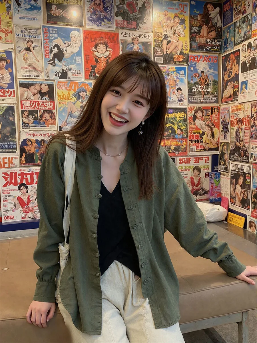 قمصان نسائية بأكمام طويلة وياقة شرقية بلوزة قطنية كلاسيكية سترة مضيئة خفيفة أنثوية فنية تناسب الجميع