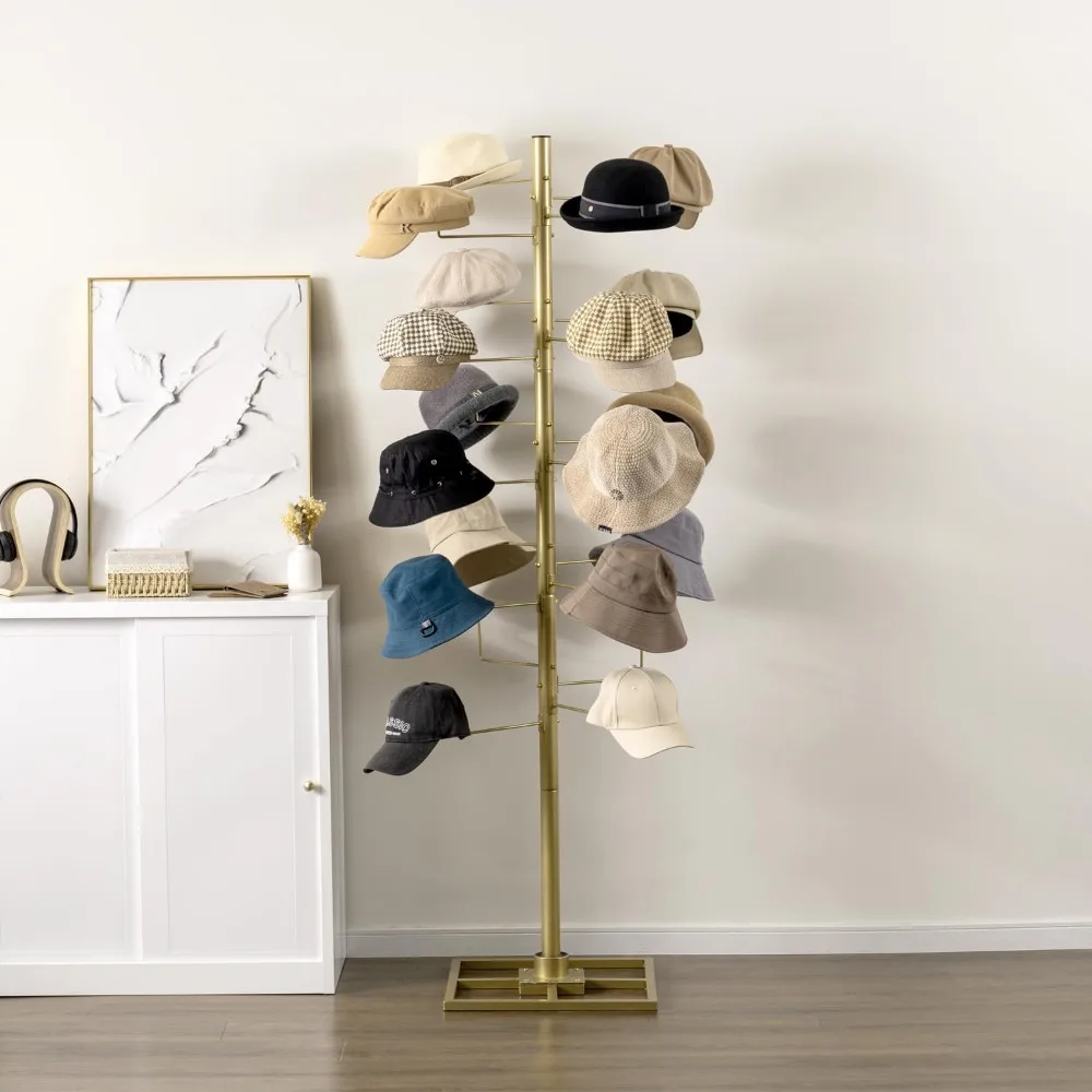 6 Foot Modern Freestanding Brass-Tone Metal Hat Organizer Rack, 360 Degree Rotating Wig or Cowboy Hat Display Stand