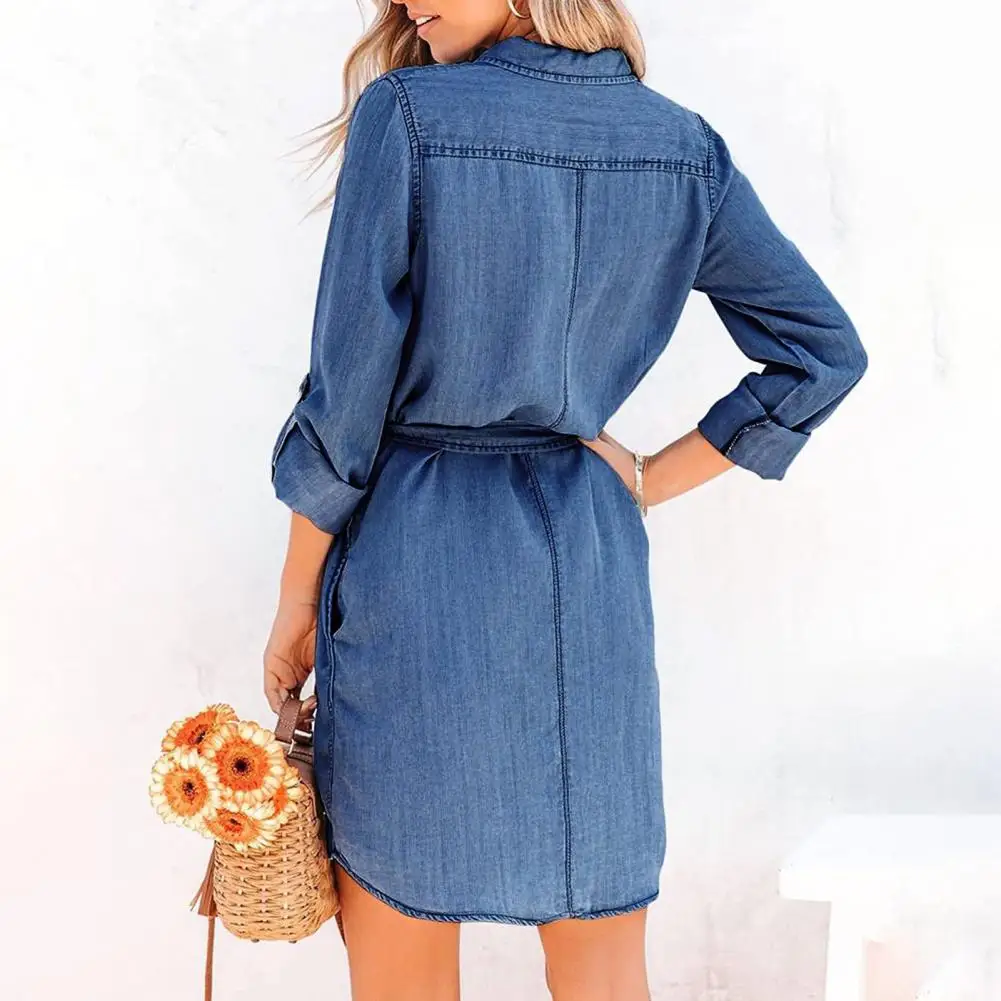 

Spring Women Dress Turn-down Collar Single-breasted Lace-up Waist Long Sleeves with Chest Pockets Denim Dress for Daily Wear Dat