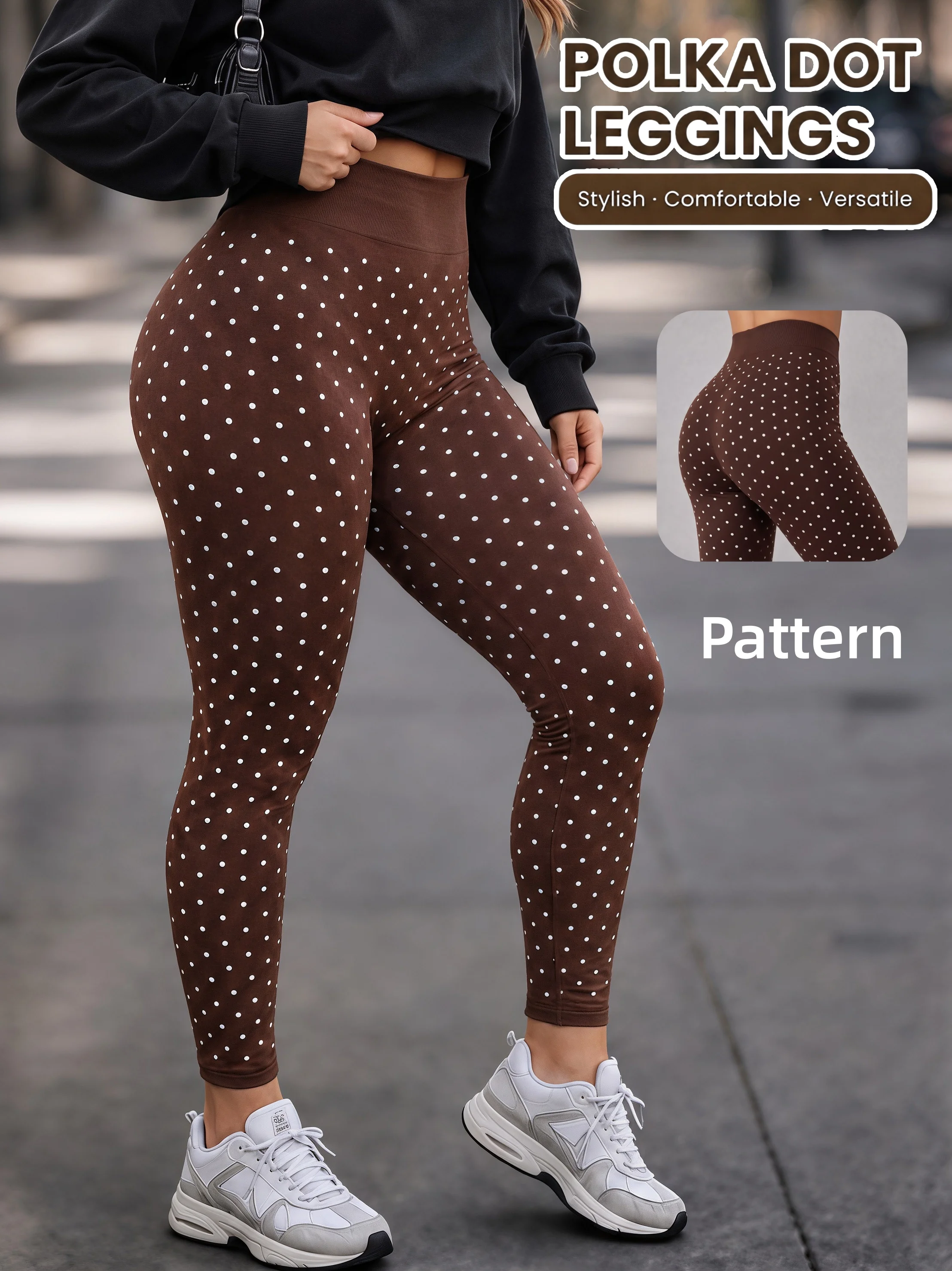 Damen-Leggings mit hoher Taille, Kaffeefarben, mit Polka-Dot-Muster, hochelastisch, aus weichem Strick, schmal geschnitten, angesagte Hose für den Alltag, zum Ausgehen oder für den Weg zur Arbeit. – Detail 3