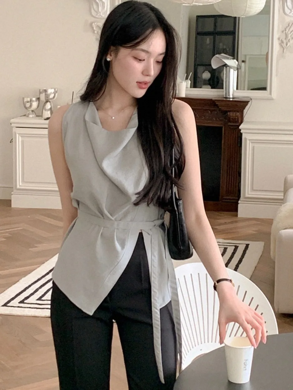 Ele Svel irt Atasan Desain Asimetris Kerah Berdiri Berumbai Pinggang Baru Musim Panas Wanita