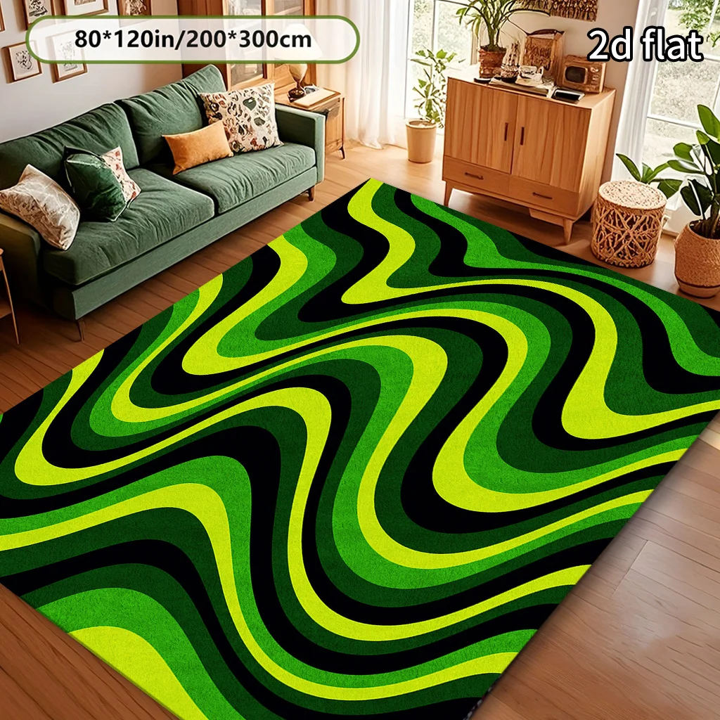 2D Flat Modern Abstract Dark‑Green Neon‑Green Wave Stripe Rug,Non‑Slip Washable Mat for Living Room Bedroom Hallway Indoor Decor