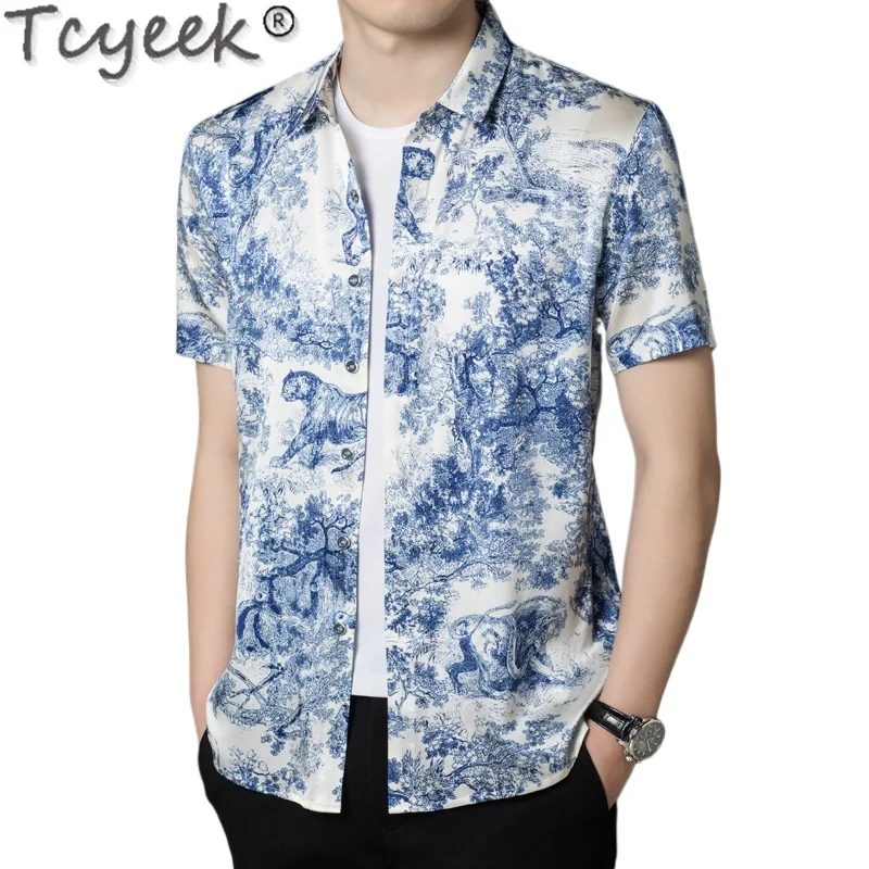 

Tcyeek 92.5% Mulberry Silk Mens Shirts Summer Shirt Thin Style Men Clothes Fashion Short Sleeve Shirt Business Casual Top 2024