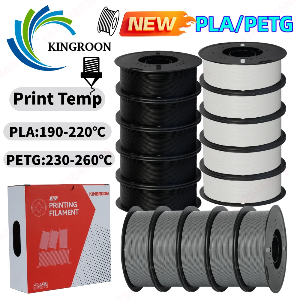 KINGROON 1.75mm PLA/PETG Filament Black/White/Gray 3D Printer Plastic Material For Bambu Lab/ANYCUBIC/Creality Wholesale