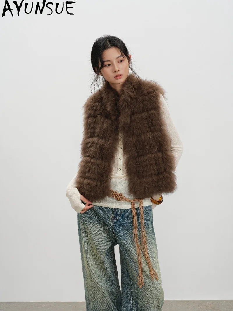 AYUSNUE Women Fox Fur Stitched Vest Dense Fox Fur Strip Gilet Stand Collar Loose Furry Sleeveless Clothes Winter Ladies Fur Coat
