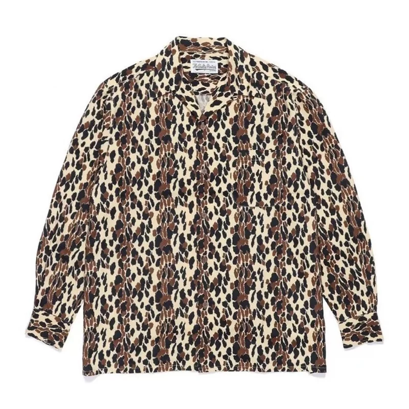 Street Japanese Harajuku Leopard Retro Cuban collar WACKO MARIA Autumn Winter Mens Womens Hawaii Long Sleeve Shirt