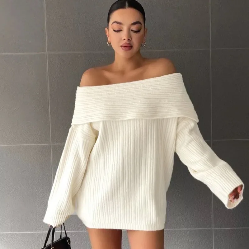 European style one-line collar off-shoulder sweater for women 2024 autumn sexy babes long-sleeved loose sweater