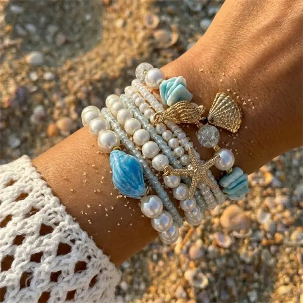 Bohemian Multilayer Pearl Beaded Bracelet Set for Women Summer Ocean Beach Starfish Shell Charm Elastic Bangles Holiday Jewelry