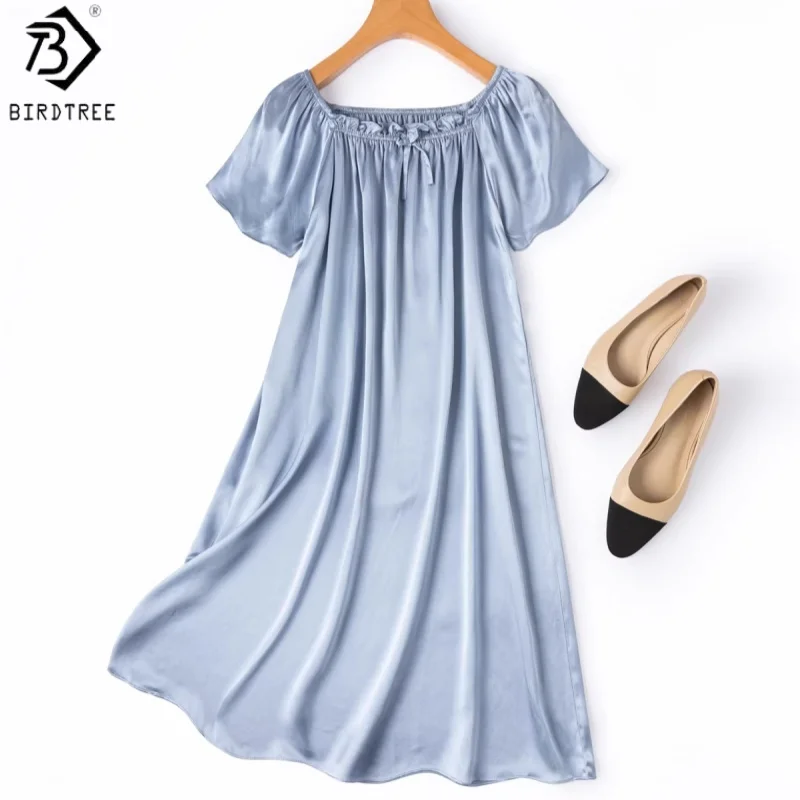 Birdtree, 21MM 100% Silk Sleep Nightgown, Women's Plain Satin Short Sleeve O-neck Pajama Homewear Dresses, 2026 New D63906JF