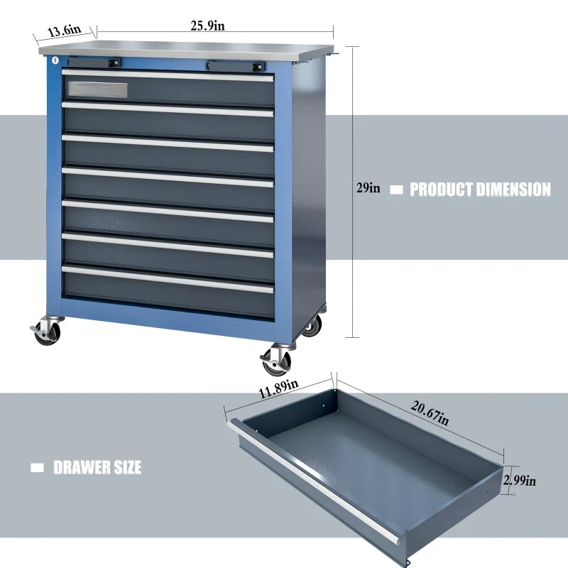 7-pull multi-function tool cabinet, rolling toolbox with locking system, and 4-foot mat, toolbox can be combined with 5-pull