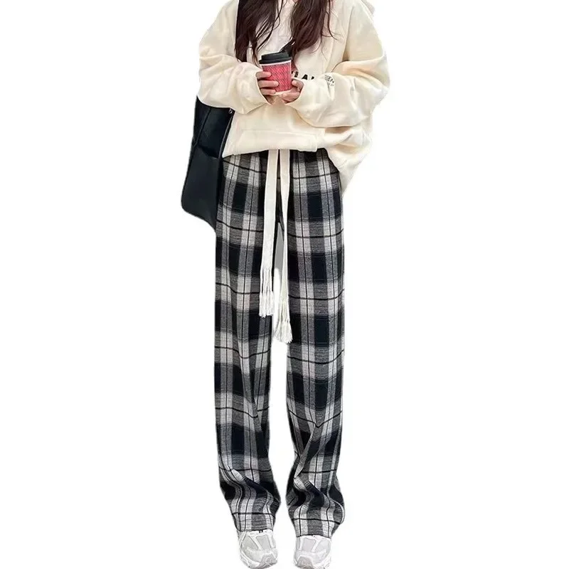 Korean Style Vintage Harajuku Loose Plaid Pants Women Spring Autumn Unisex Couple Casual Wide Leg Trousers Y2k Streetwear Kpop