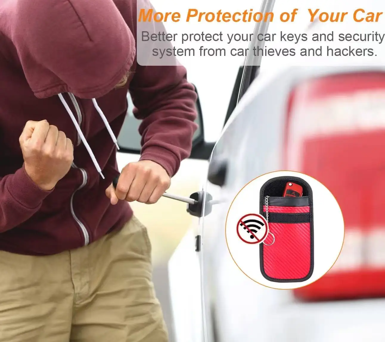 Car key signal shielding bag - red carbon fiber fabric - handmade portable PU material with closure device