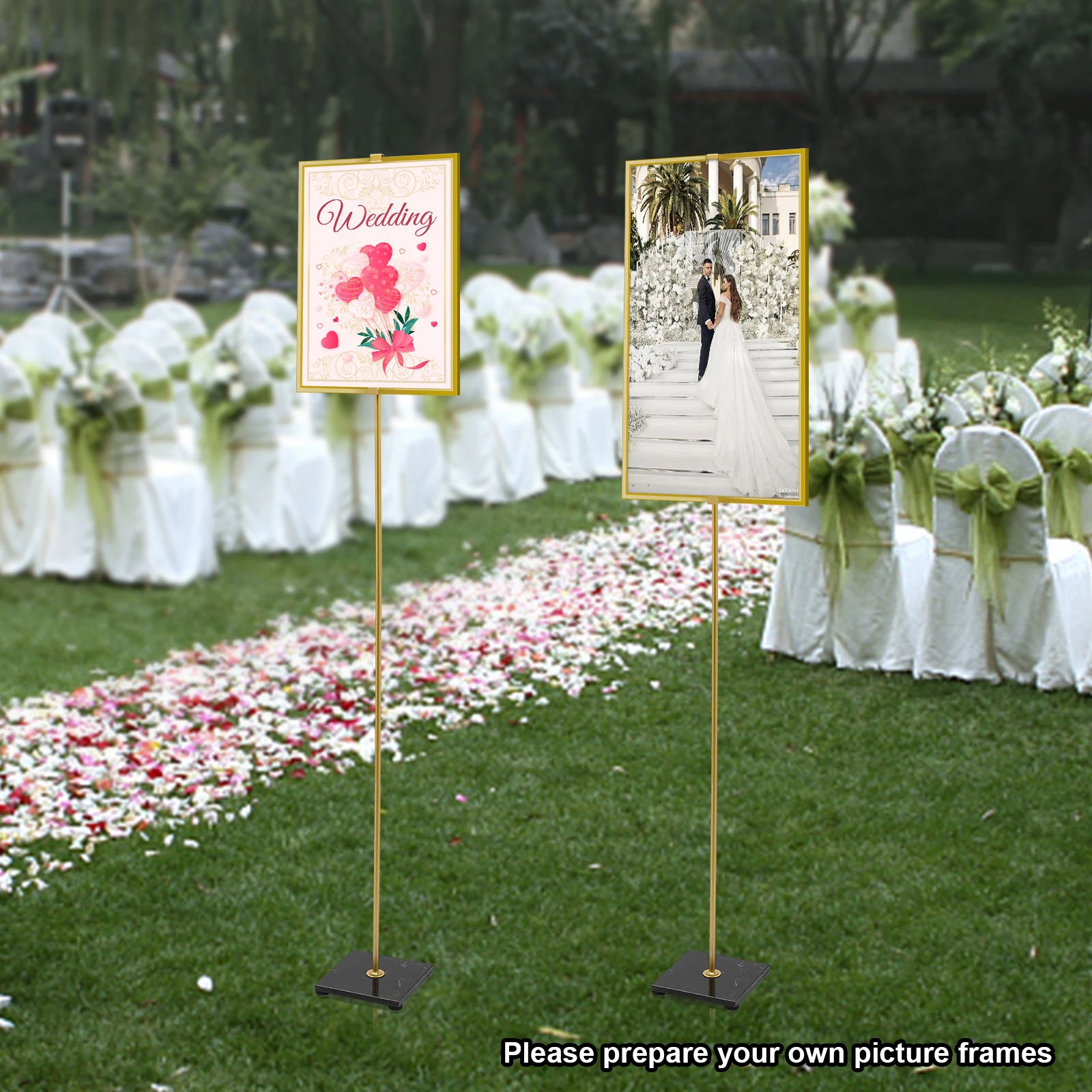 

2-Piece Gold Wedding Welcome Display Stand, Height Adjustable from 0-63 Inch, Marble Base, Easy to Move, Durable Steel Frame